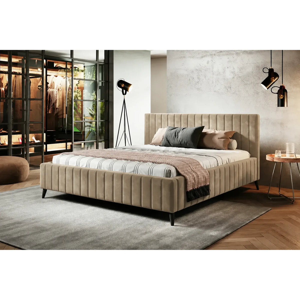 Pat MAGGIE SR 180x200, stofa catifelata bej - Riviera 16, cu suport saltea si sistem de reglare