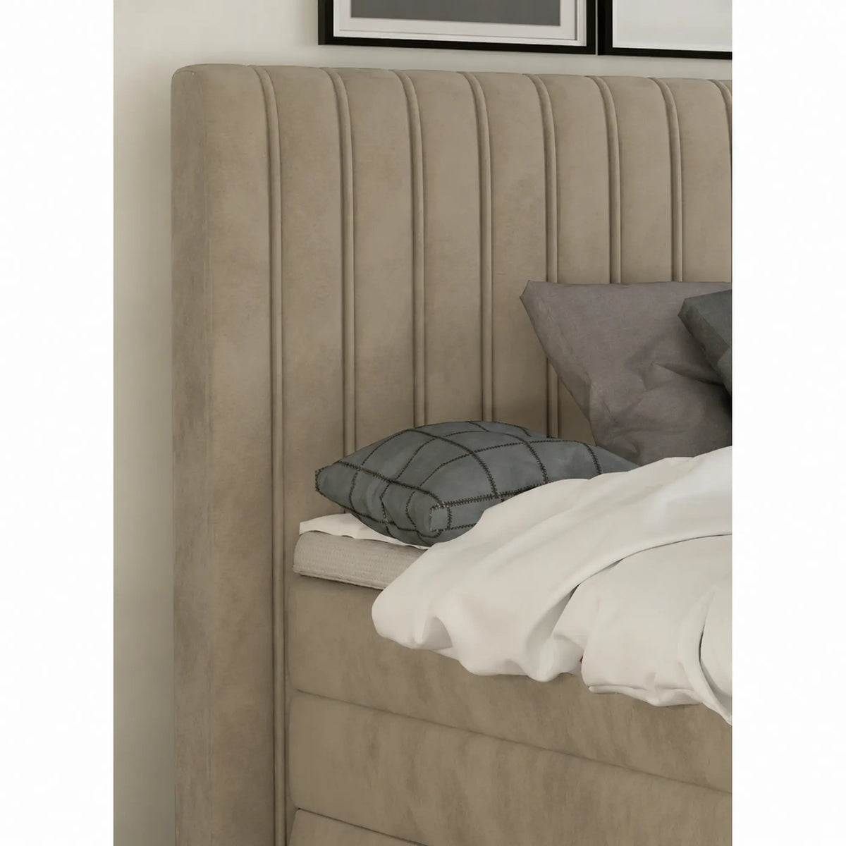 Pat MINOLA boxspring 180x200, stofa catifelata bej - Riviera 16, cu saltele, topper si 2 lazi pentru depozitare