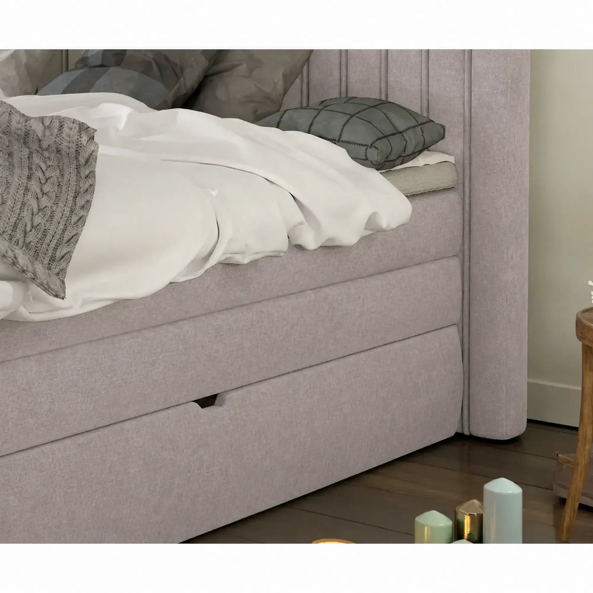 Pat boxspring MINOLA 180x200, stofa catifelata bej - Whisper 3, cu saltele, topper si 2 lazi pentru depozitare