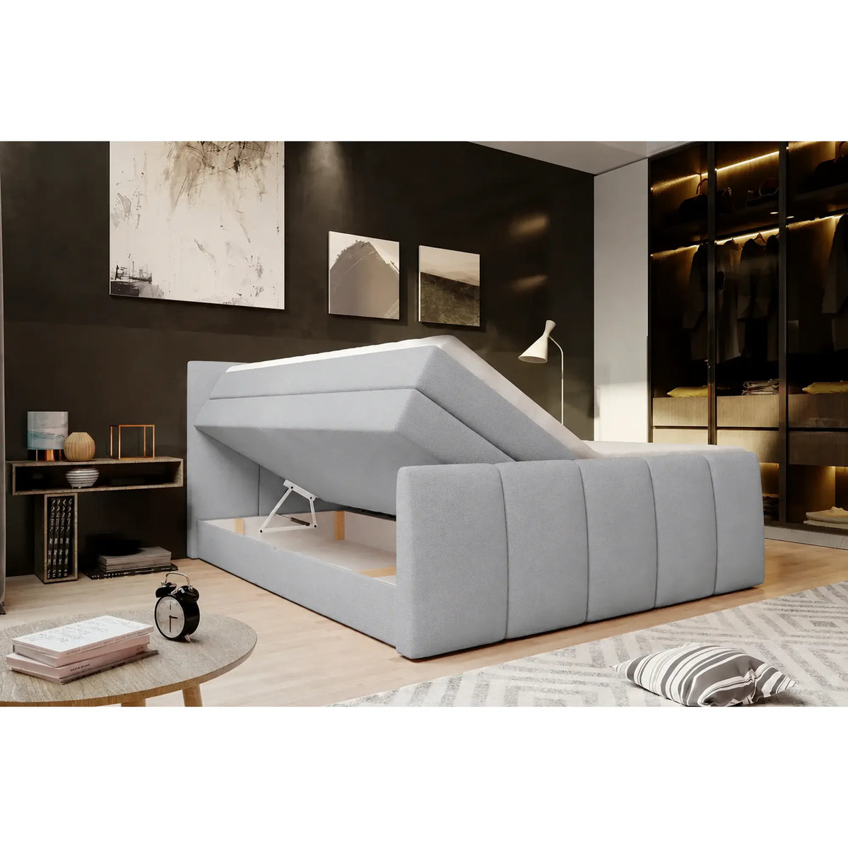 Pat boxspring FRESCO 140x200, stofa catifelata gri deschis - Royal Velvet 17, cu saltele, topper si 2 lazi pentru depozitare