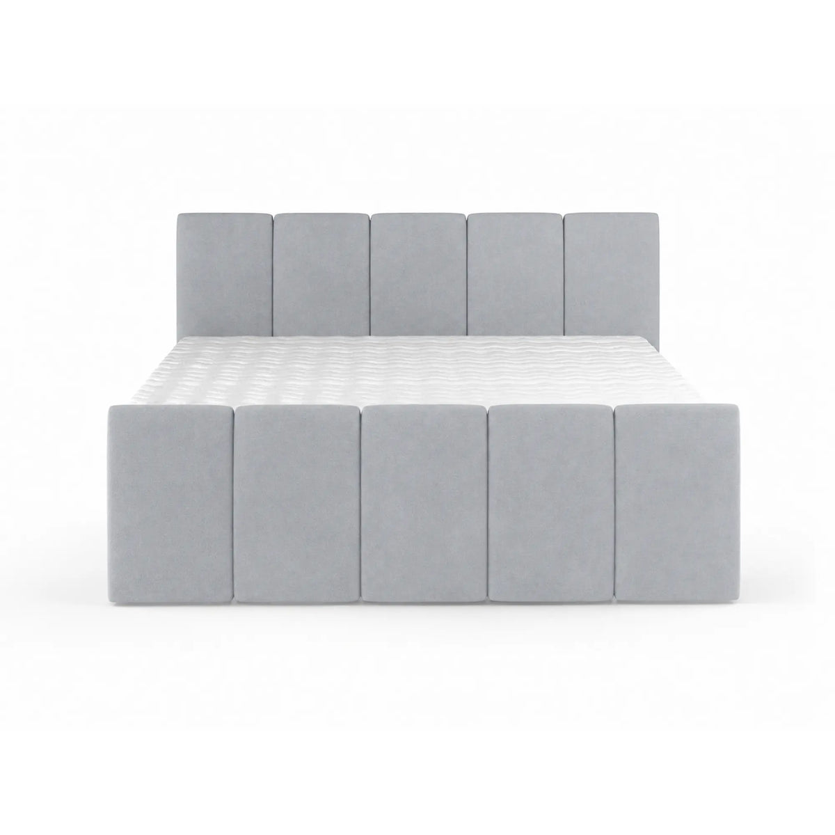 Pat boxspring FRESCO 140x200, stofa catifelata gri deschis - Royal Velvet 17, cu saltele, topper si 2 lazi pentru depozitare