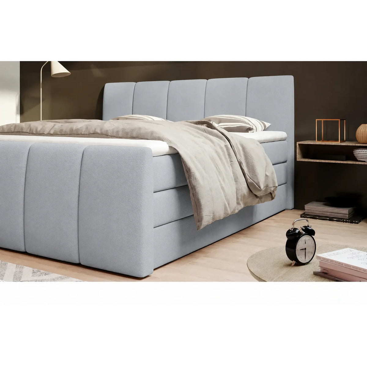 Pat boxspring FRESCO 140x200, stofa catifelata gri deschis - Royal Velvet 17, cu saltele, topper si 2 lazi pentru depozitare