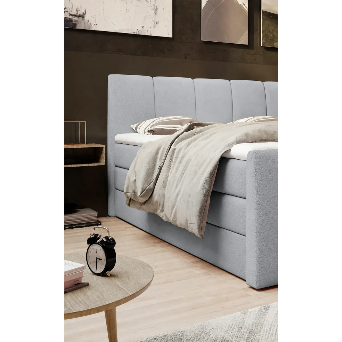 Pat boxspring FRESCO 140x200, stofa catifelata gri deschis - Royal Velvet 17, cu saltele, topper si 2 lazi pentru depozitare