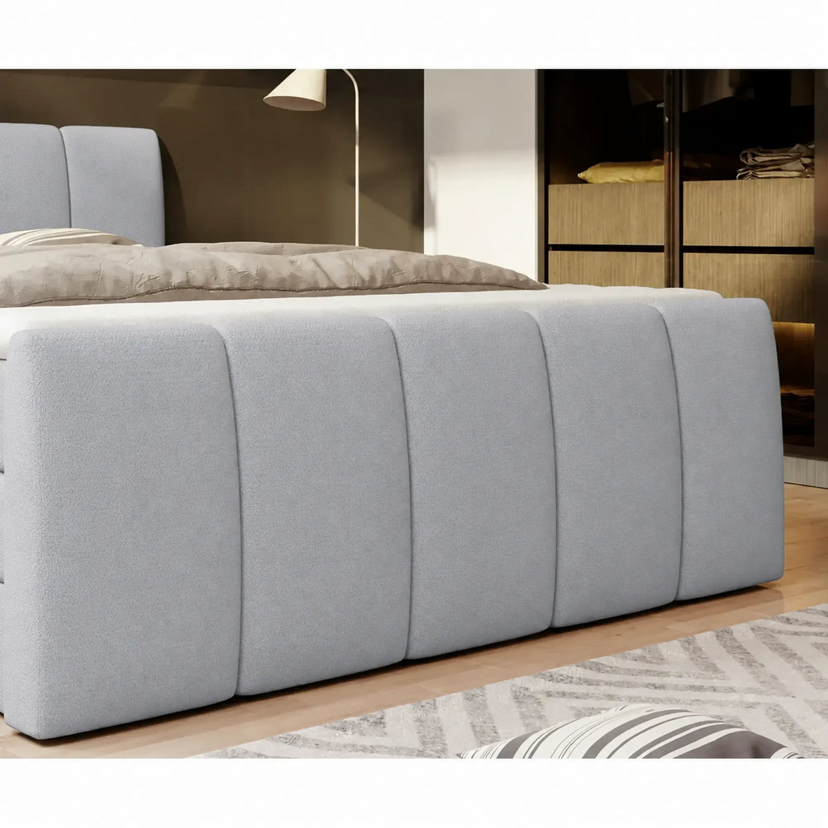 Pat boxspring FRESCO 140x200, stofa catifelata gri deschis - Royal Velvet 17, cu saltele, topper si 2 lazi pentru depozitare