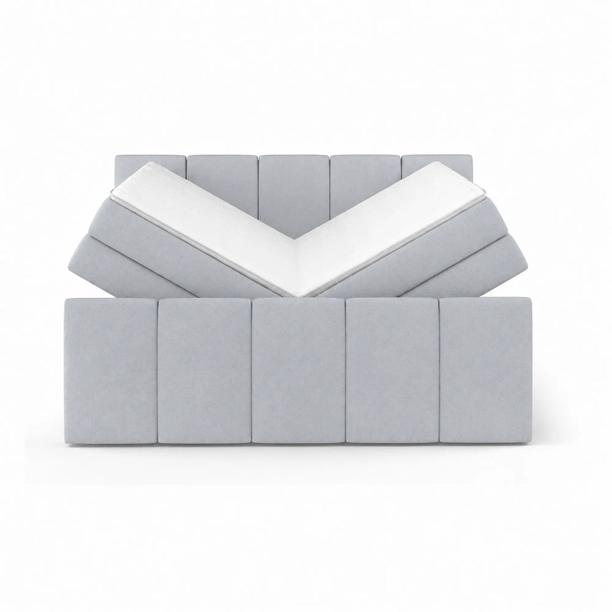 Pat boxspring FRESCO 140x200, stofa catifelata gri deschis - Royal Velvet 17, cu saltele, topper si 2 lazi pentru depozitare