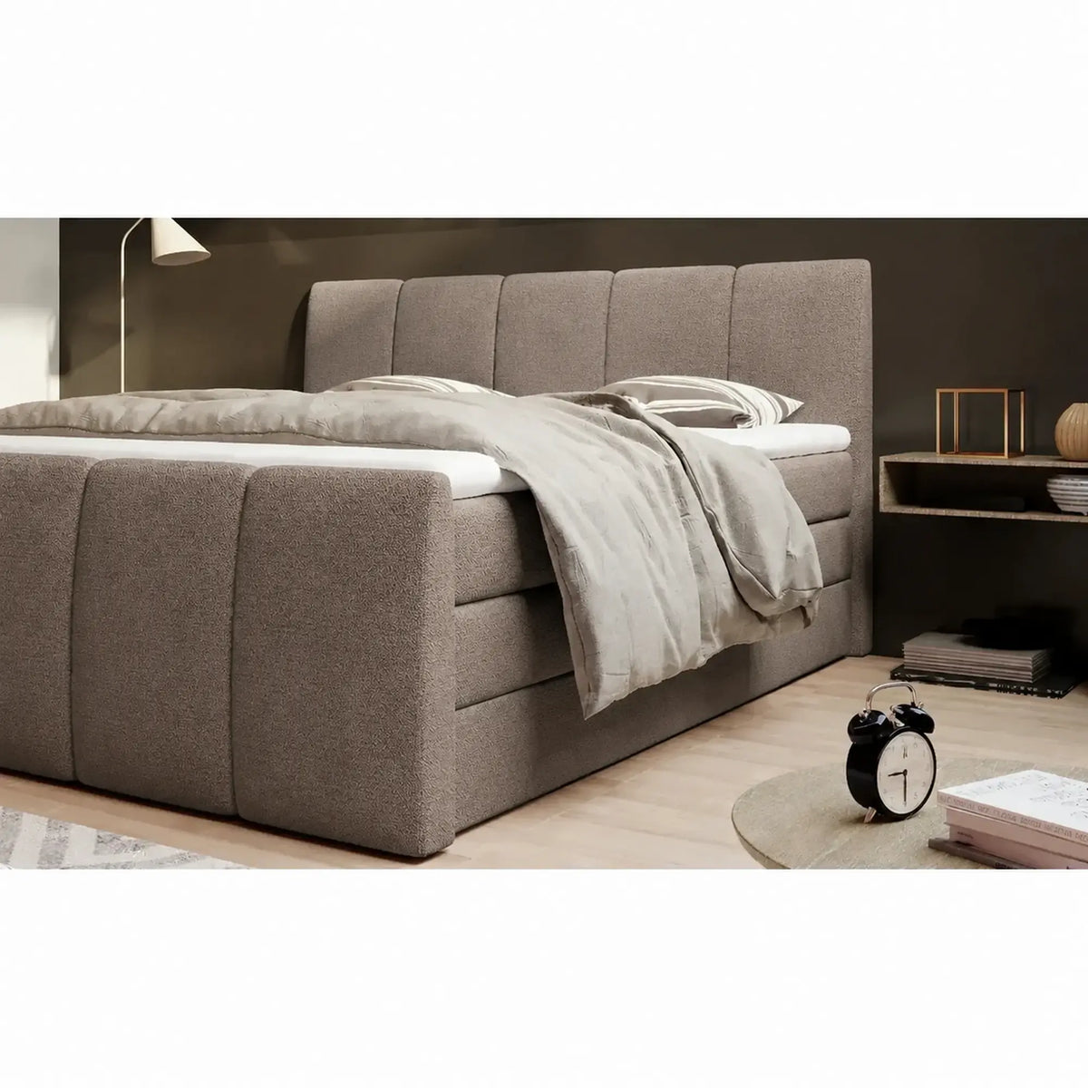 Pat boxspring FRESCO 160x200, stofa clasica maro - Austin 04, cu saltele, topper si 2 lazi pentru depozitare