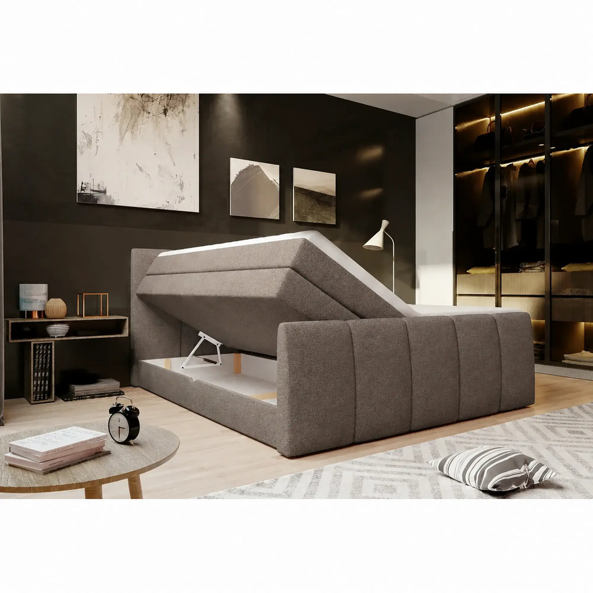 Pat boxspring FRESCO 160x200, stofa clasica maro - Austin 04, cu saltele, topper si 2 lazi pentru depozitare