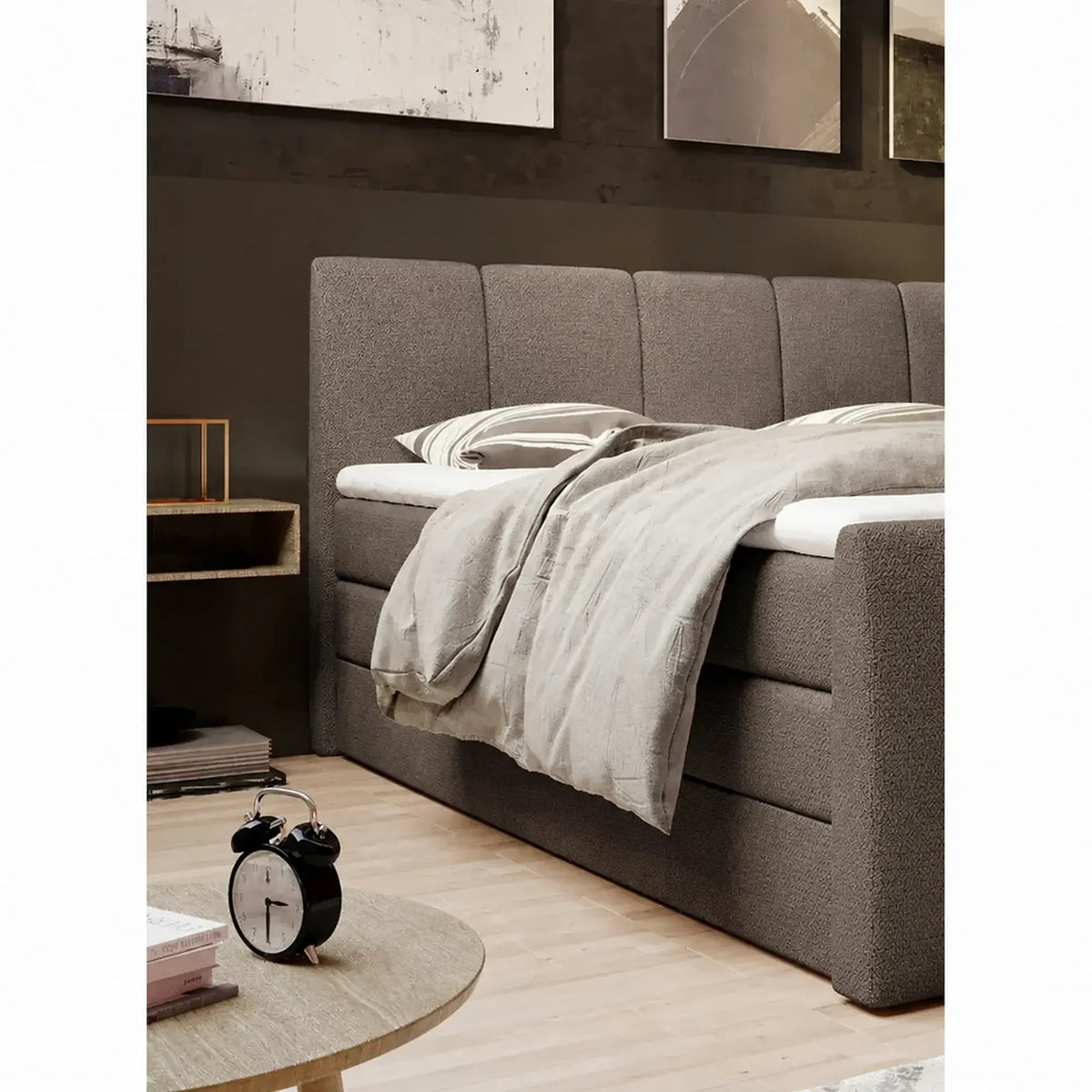 Pat boxspring FRESCO 160x200, stofa clasica maro - Austin 04, cu saltele, topper si 2 lazi pentru depozitare