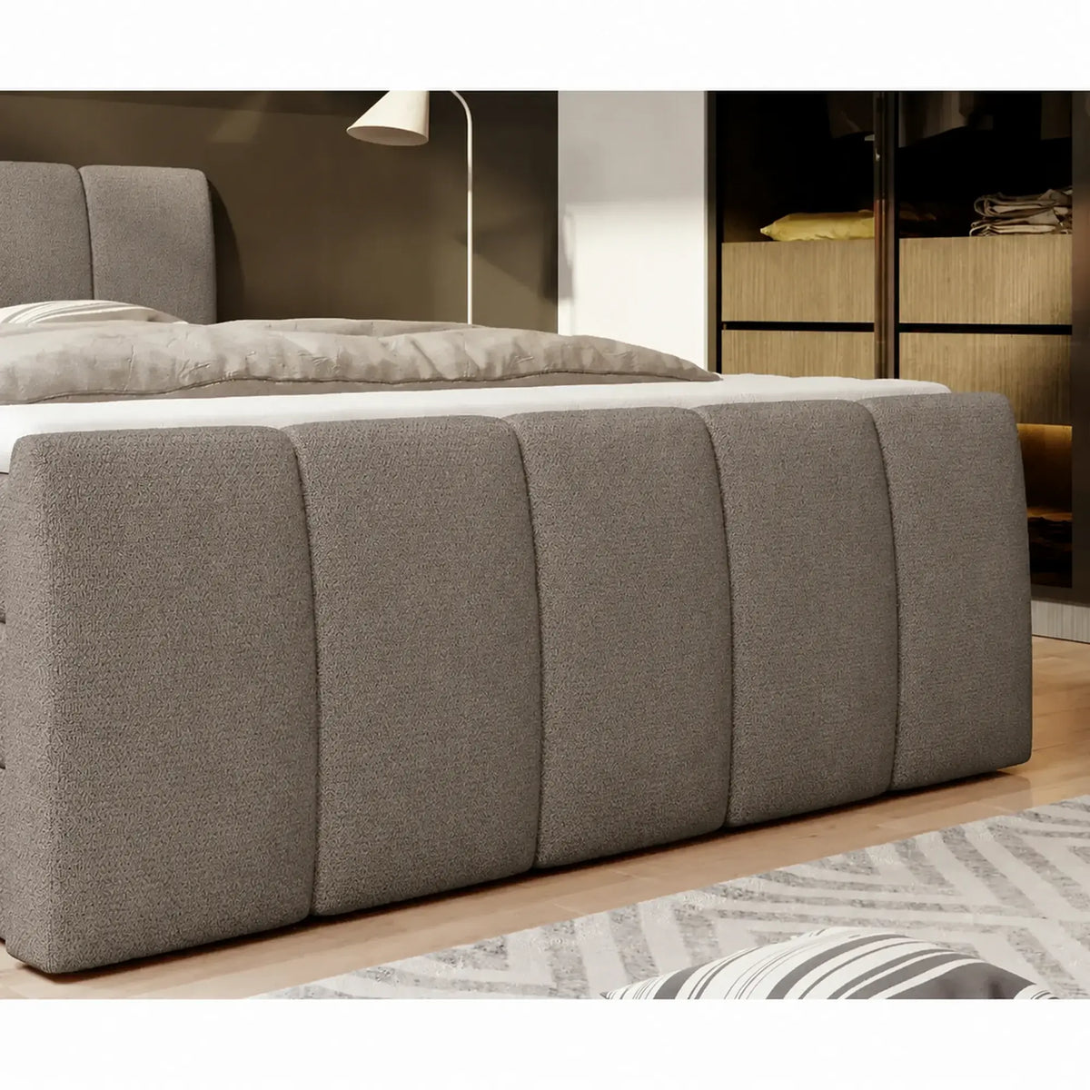 Pat boxspring FRESCO 160x200, stofa clasica maro - Austin 04, cu saltele, topper si 2 lazi pentru depozitare