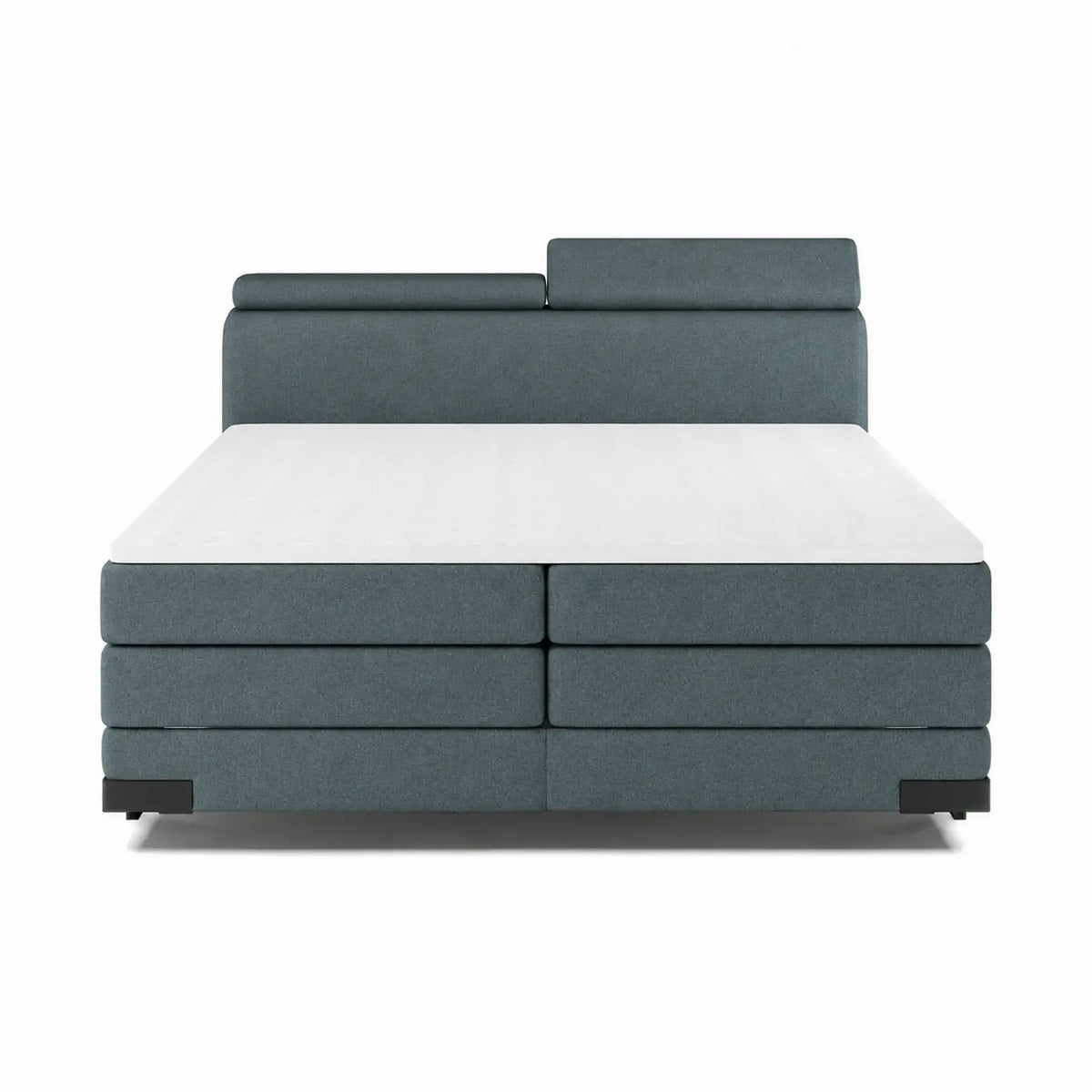 Pat boxspring KANO 160x200, stofa catifelata albastru - Palladium 14, cu saltea, topper, tetiere reglabile si 2 spatii depozitare