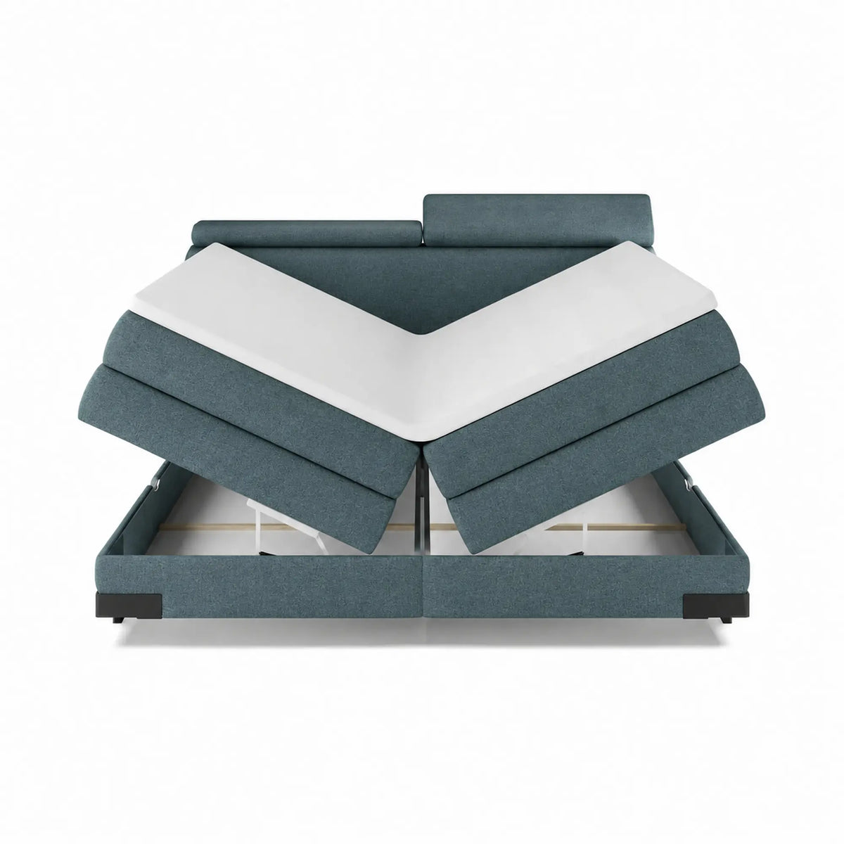 Pat boxspring KANO 160x200, stofa catifelata albastru - Palladium 14, cu saltea, topper, tetiere reglabile si 2 spatii depozitare