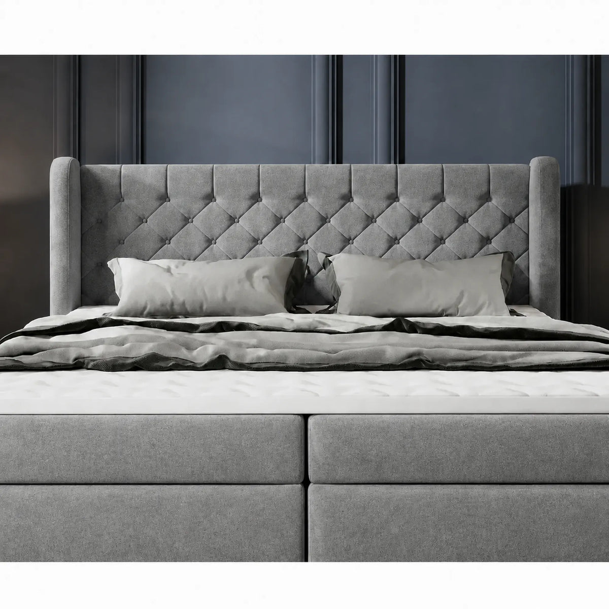 Pat boxspring MADISON 160x200, stofa gri - Salvador 14, cu saltele si topper