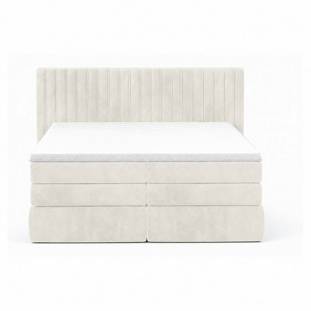 Pat boxspring MINOLA 160x200, stofa catifelata crem - Riviera 21, cu saltele, topper si 2 lazi pentru depozitare