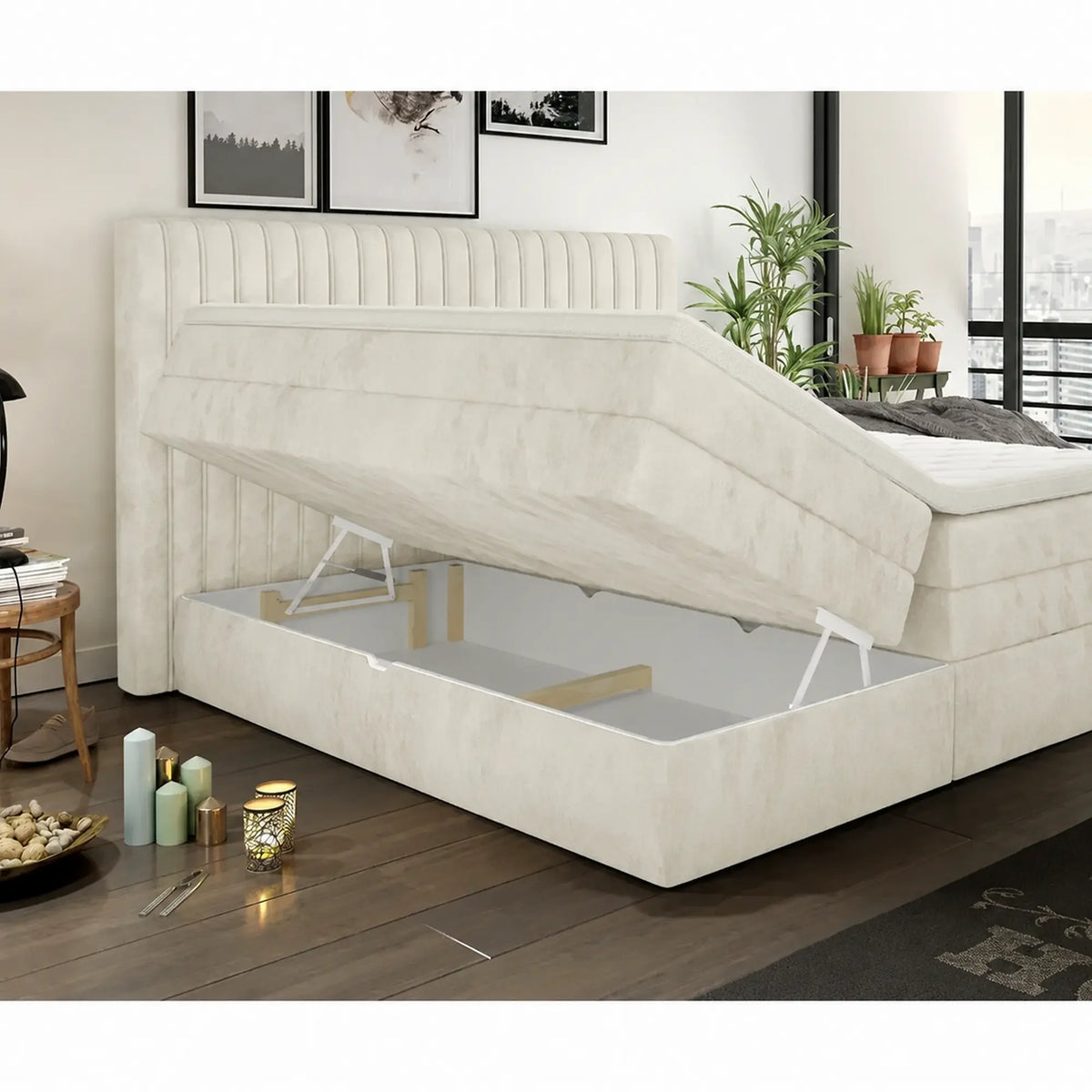 Pat boxspring MINOLA 160x200, stofa catifelata crem - Riviera 21, cu saltele, topper si 2 lazi pentru depozitare