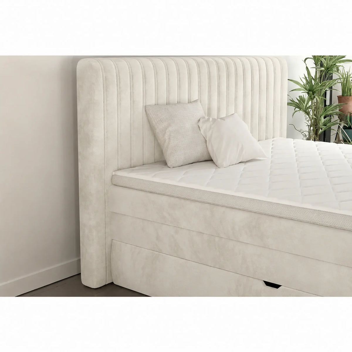 Pat boxspring MINOLA 160x200, stofa catifelata crem - Riviera 21, cu saltele, topper si 2 lazi pentru depozitare