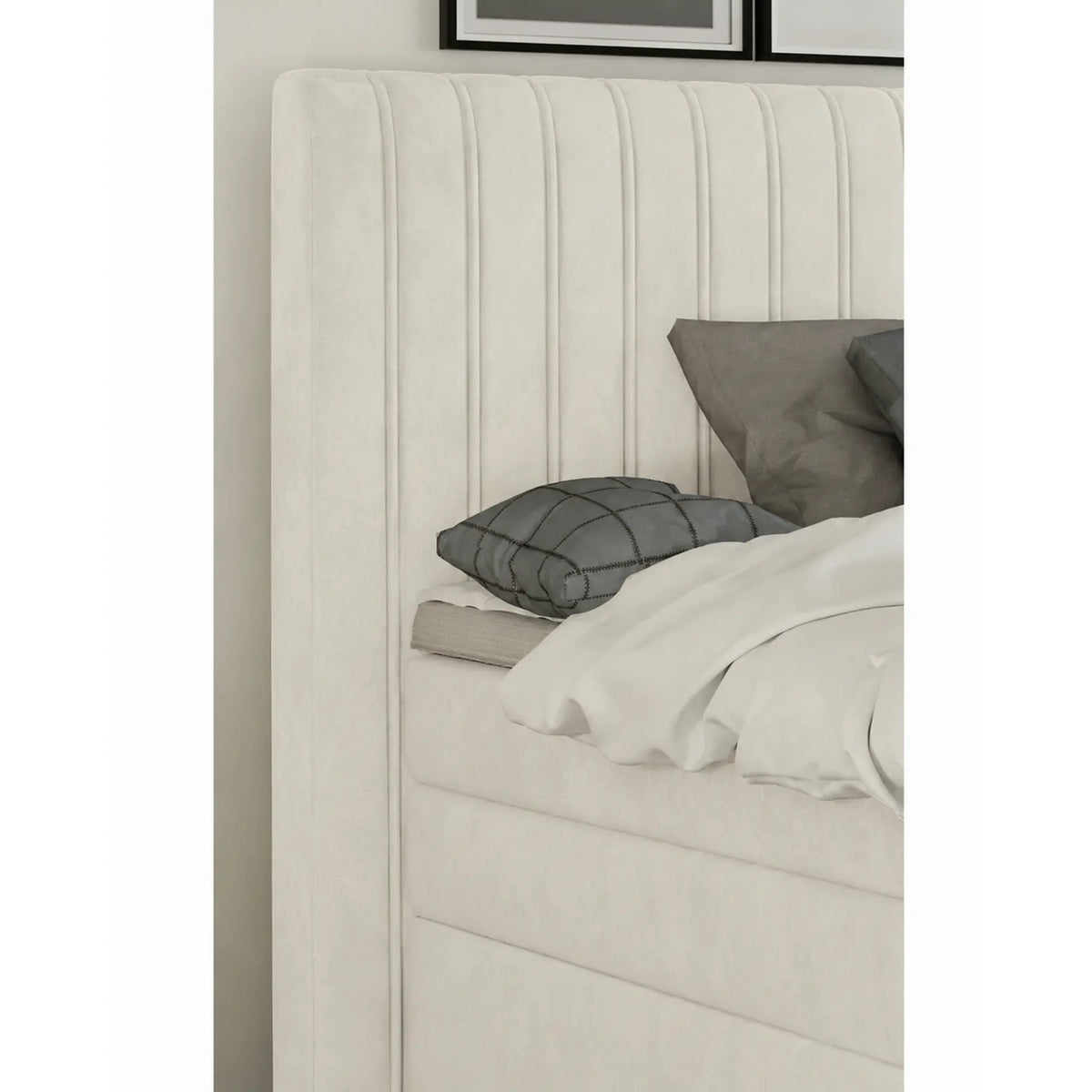 Pat boxspring MINOLA 160x200, stofa catifelata crem - Riviera 21, cu saltele, topper si 2 lazi pentru depozitare