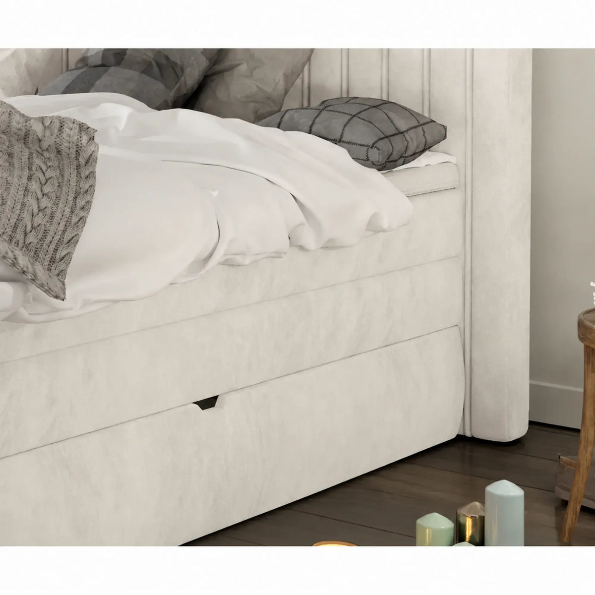 Pat boxspring MINOLA 160x200, stofa catifelata crem - Riviera 21, cu saltele, topper si 2 lazi pentru depozitare