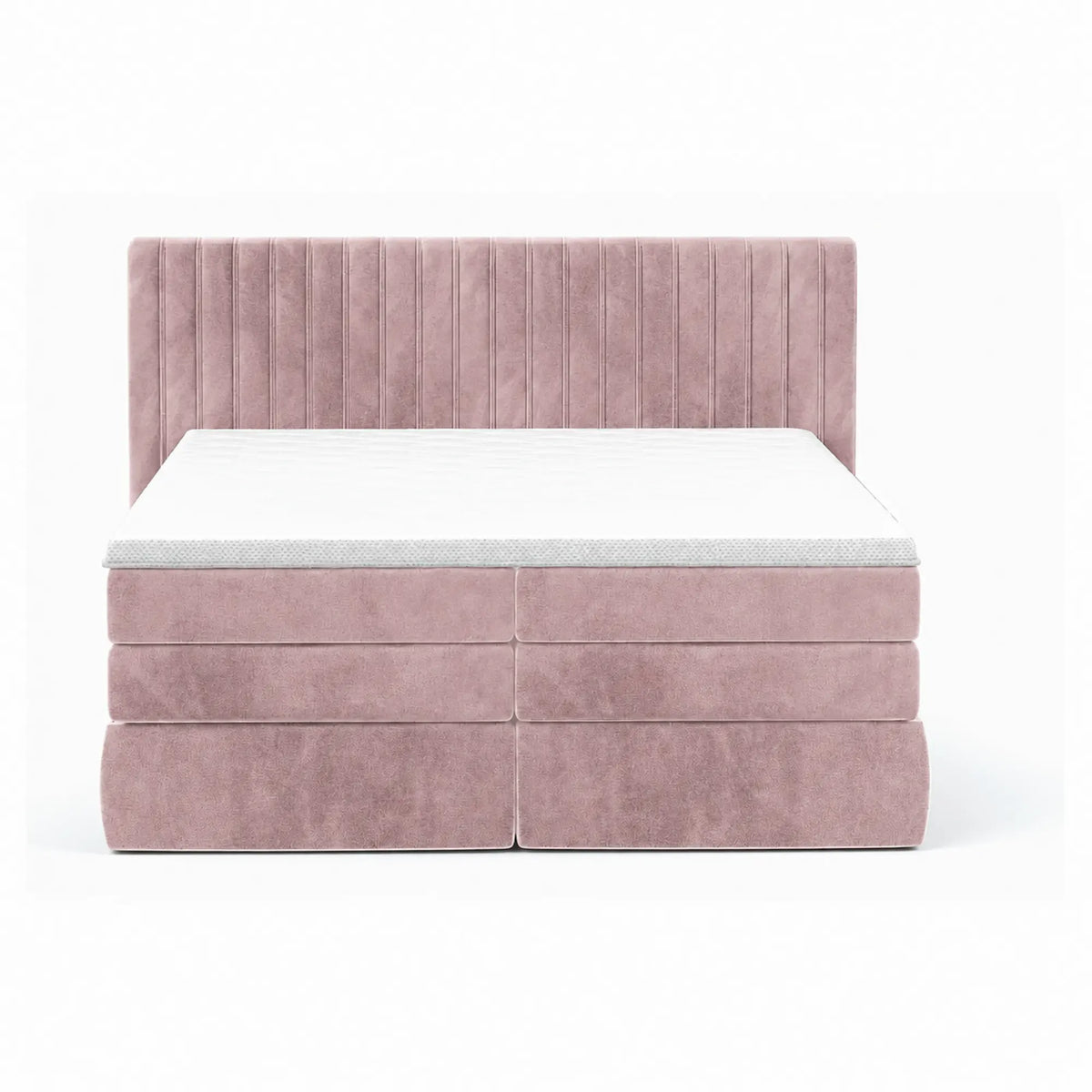 Pat boxspring MINOLA 160x200, stofa catifelata roz - Riviera 62, cu saltele, topper si 2 lazi pentru depozitare