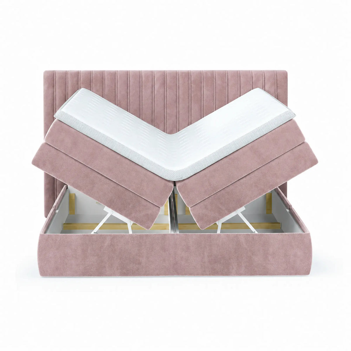 Pat boxspring MINOLA 160x200, stofa catifelata roz - Riviera 62, cu saltele, topper si 2 lazi pentru depozitare