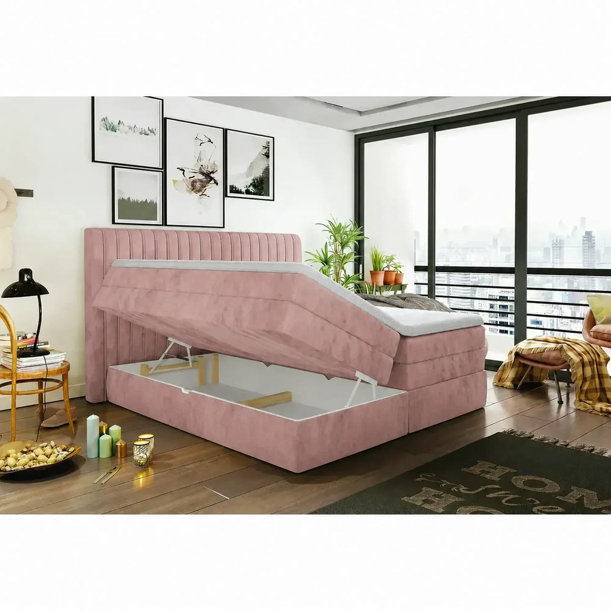 Pat boxspring MINOLA 160x200, stofa catifelata roz - Riviera 62, cu saltele, topper si 2 lazi pentru depozitare