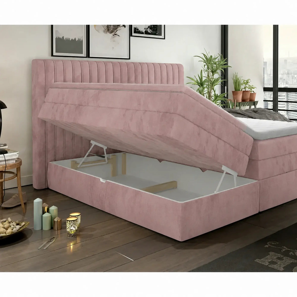 Pat boxspring MINOLA 160x200, stofa catifelata roz - Riviera 62, cu saltele, topper si 2 lazi pentru depozitare