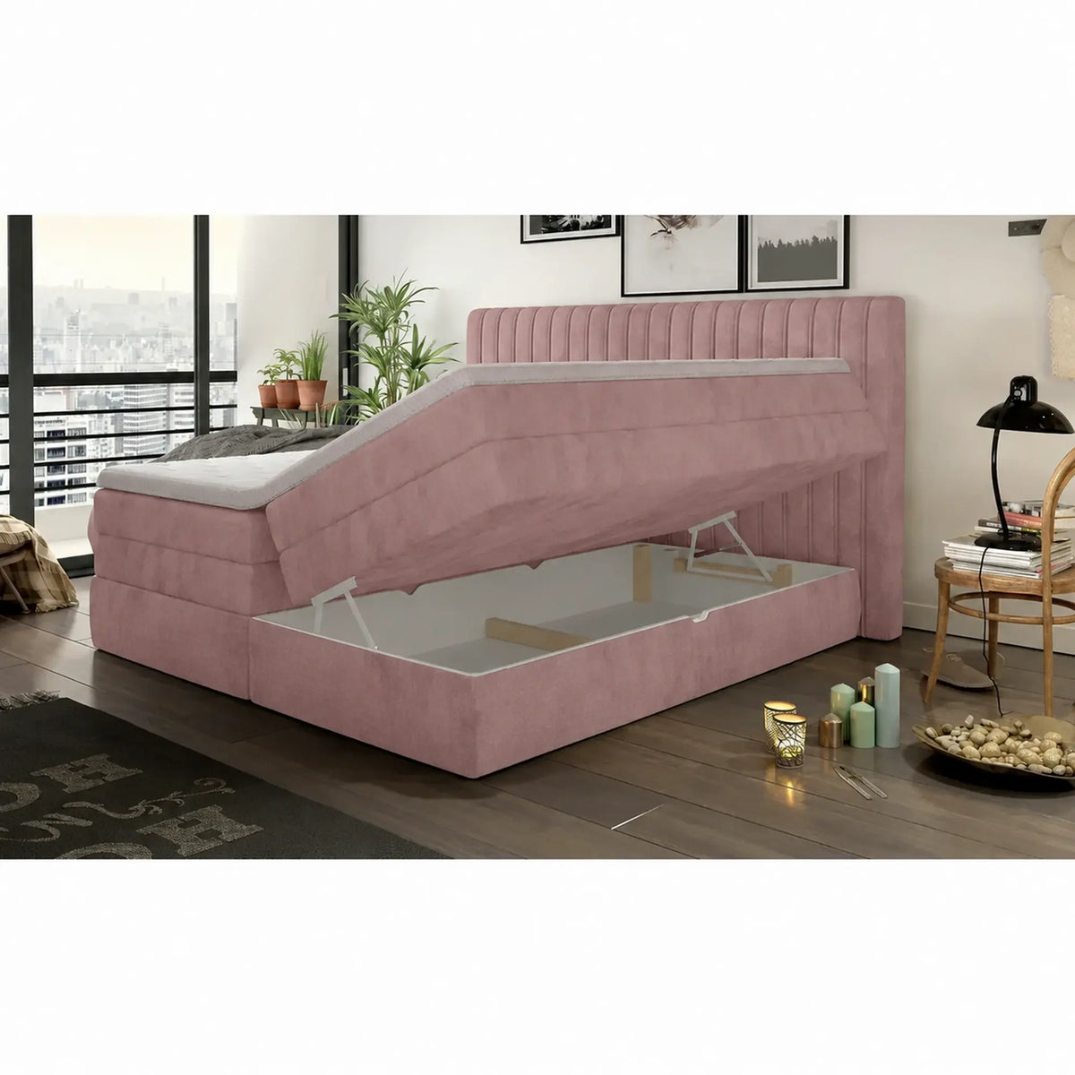 Pat boxspring MINOLA 160x200, stofa catifelata roz - Riviera 62, cu saltele, topper si 2 lazi pentru depozitare