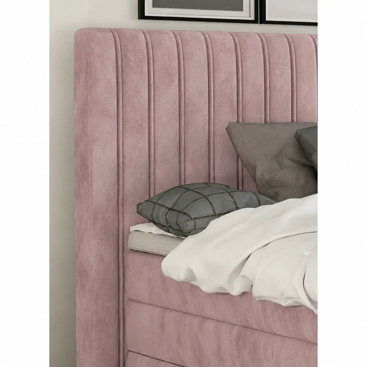 Pat boxspring MINOLA 160x200, stofa catifelata roz - Riviera 62, cu saltele, topper si 2 lazi pentru depozitare