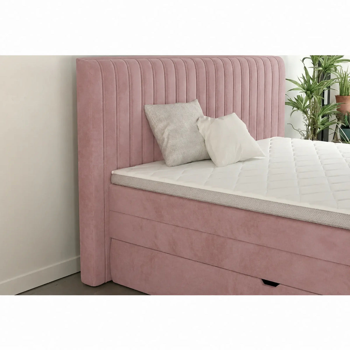 Pat boxspring MINOLA 160x200, stofa catifelata roz - Riviera 62, cu saltele, topper si 2 lazi pentru depozitare