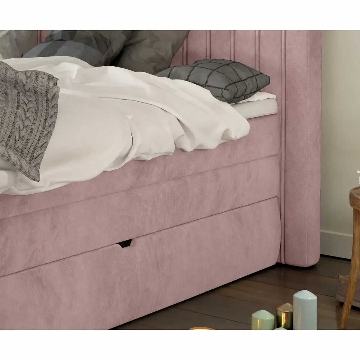 Pat boxspring MINOLA 160x200, stofa catifelata roz - Riviera 62, cu saltele, topper si 2 lazi pentru depozitare
