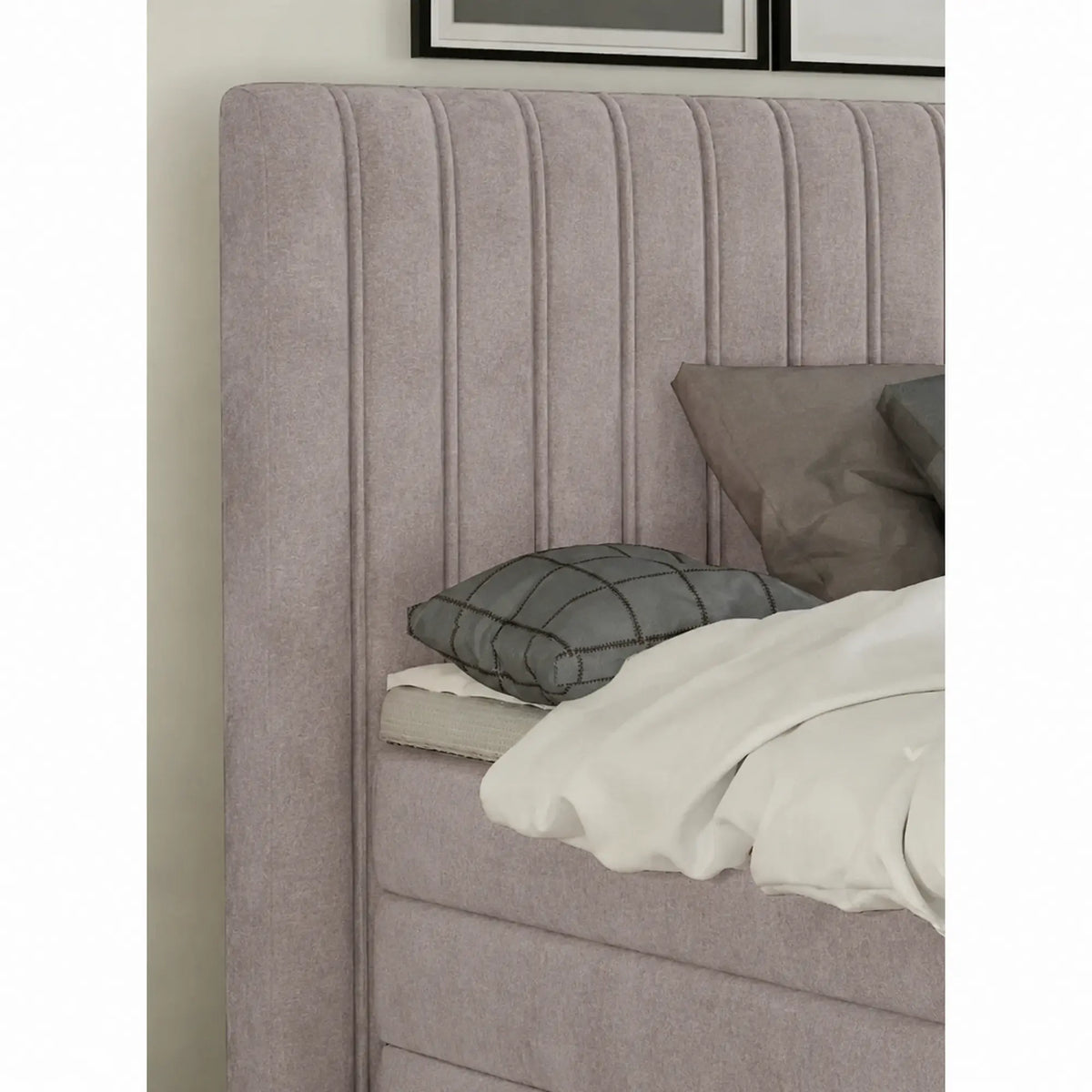 Pat boxspring MINOLA 180x200, stofa catifelata bej - Whisper 3, cu saltele, topper si 2 lazi pentru depozitare