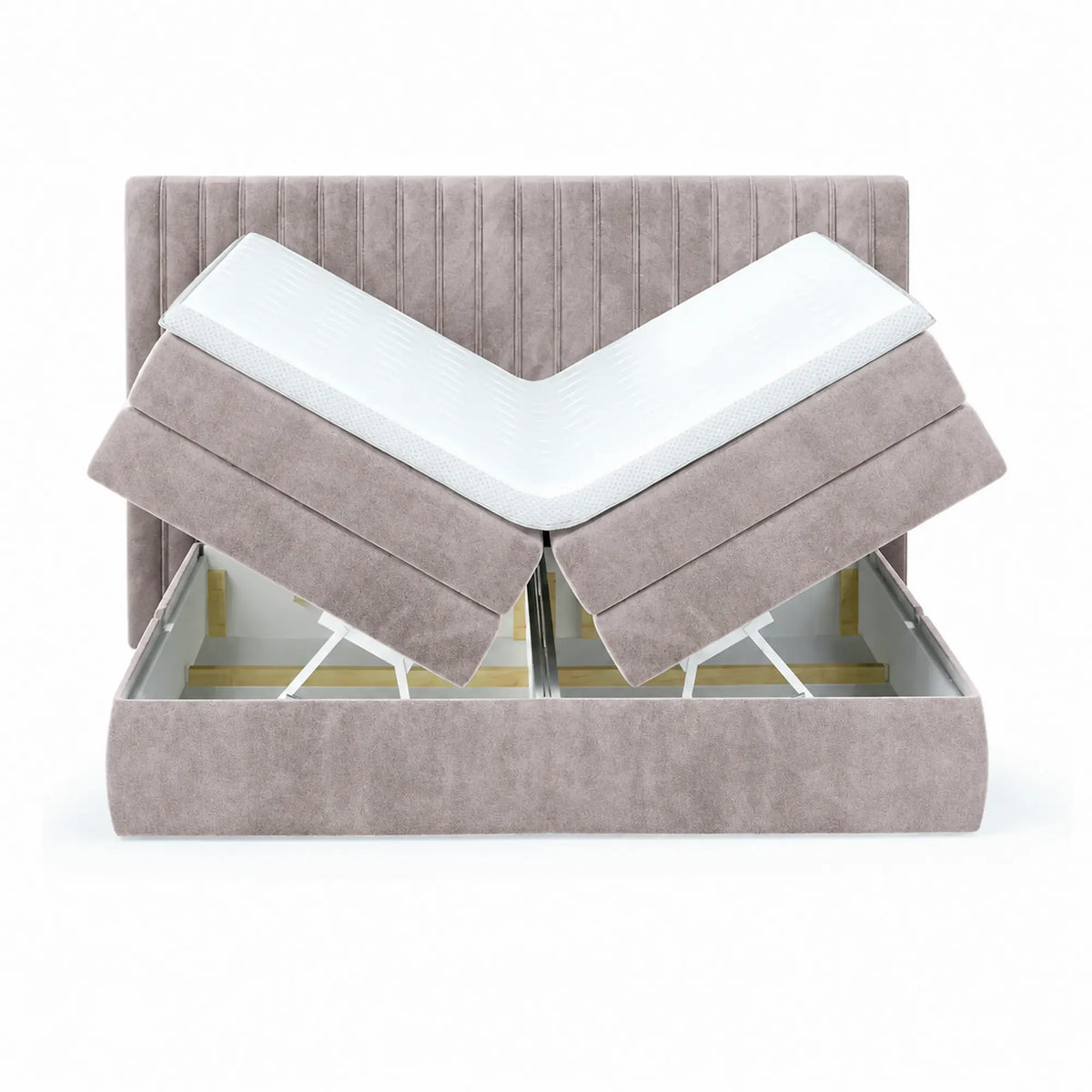 Pat boxspring MINOLA 180x200, stofa catifelata bej - Whisper 3, cu saltele, topper si 2 lazi pentru depozitare