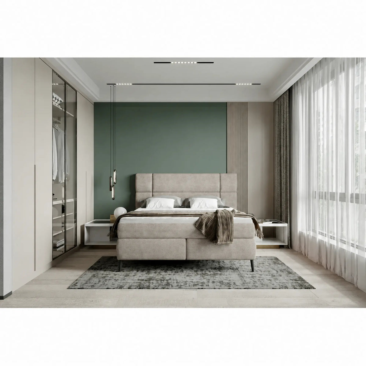 Pat tapitat boxspring LUCIO 180x200, stofa catifelata bej deschis - Ontario 02, cu saltele si topper