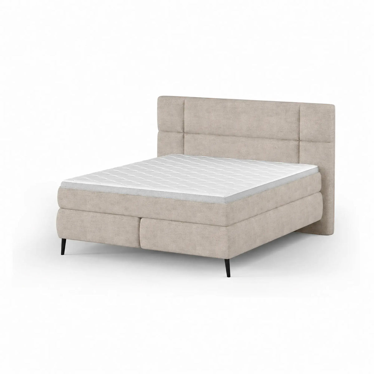 Pat tapitat boxspring LUCIO 180x200, stofa catifelata bej deschis - Ontario 02, cu saltele si topper