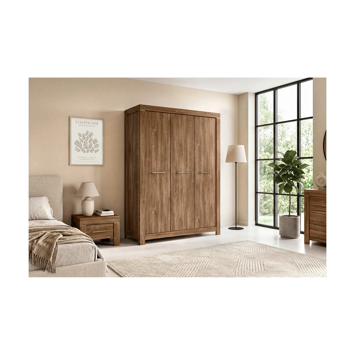 Set dormitor GENT si pat COSALA III 140x200, stejar/bej, dulap cu 3 usi, 2 noptiere si o comoda