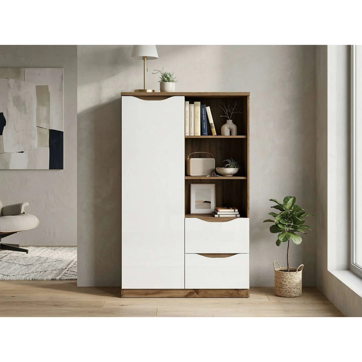 Comoda NUIS, stejar/alb lucios, 90x40x148 cm