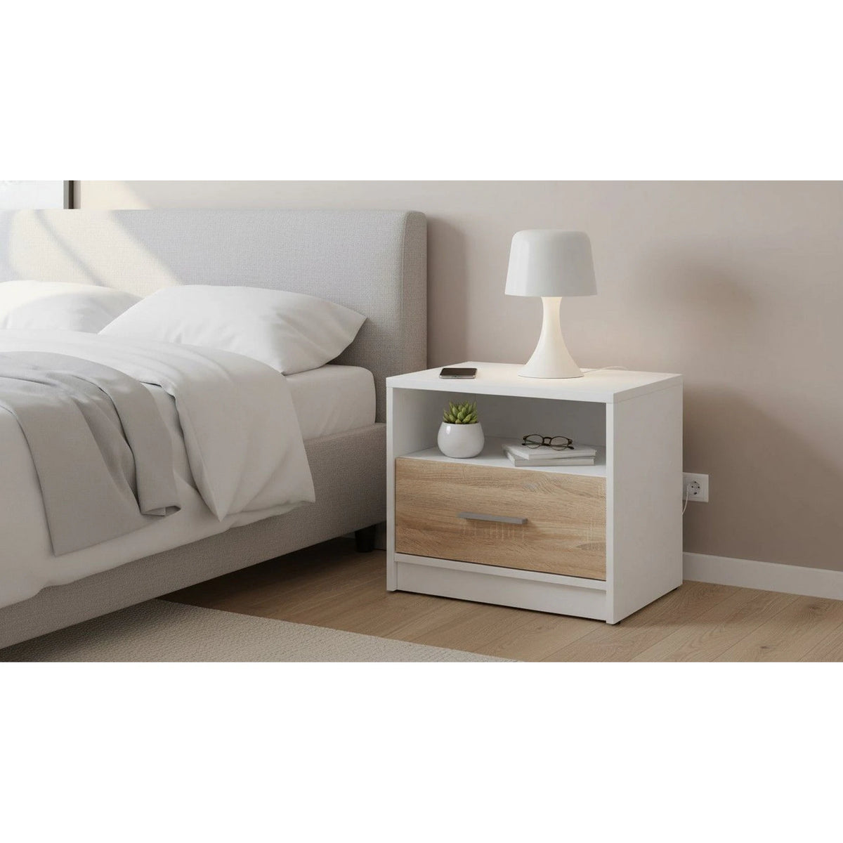 Noptiera NEPO PLUS, alb/stejar sonoma, PAL, 50x34x43 cm