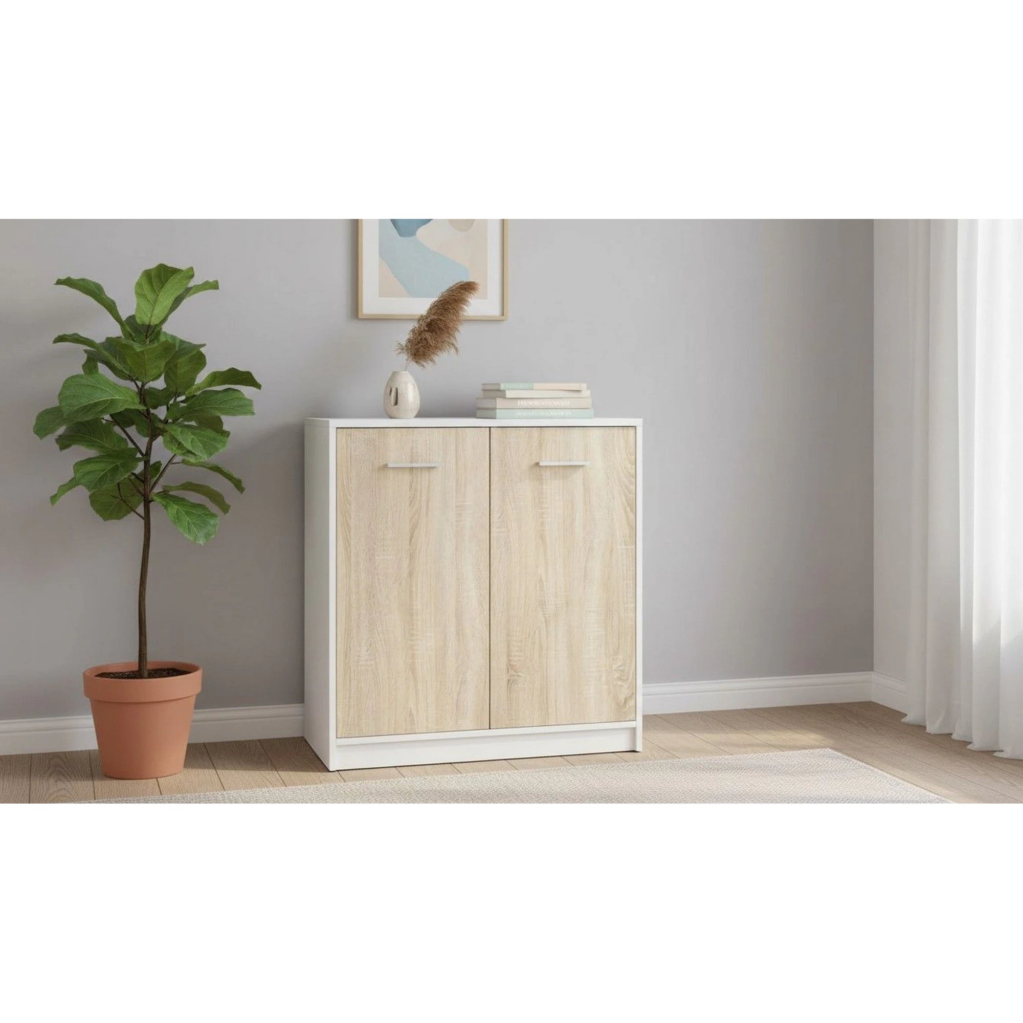 Comoda NEPO PLUS, alb/stejar sonoma, PAL laminat, cu 2 usi, 80x34x84 cm