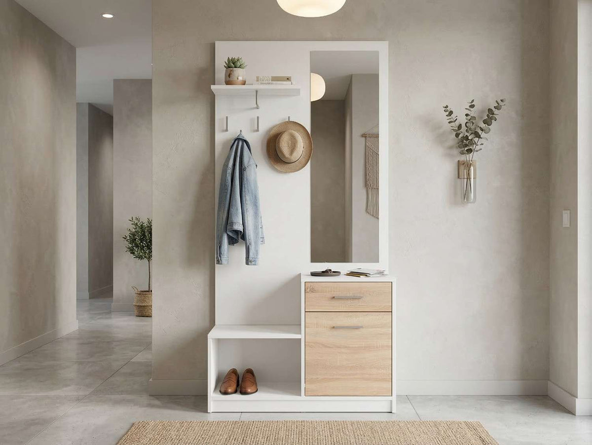 Mobilier hol NEPO PLUS, alb/stejar sonoma, PAL laminat, 90x31x186 cm