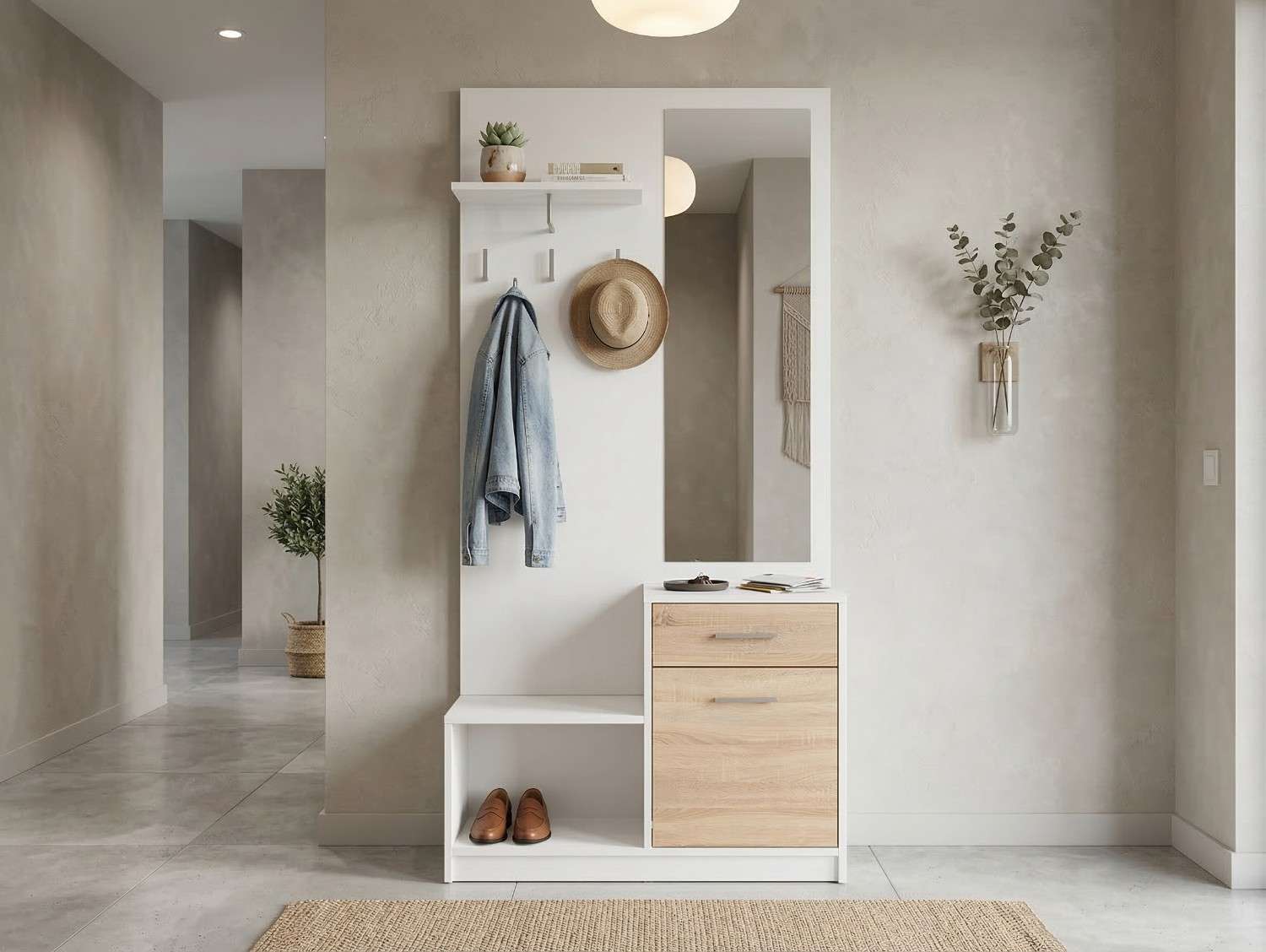 Mobilier hol NEPO PLUS, alb/stejar sonoma, PAL laminat, 90x31x186 cm