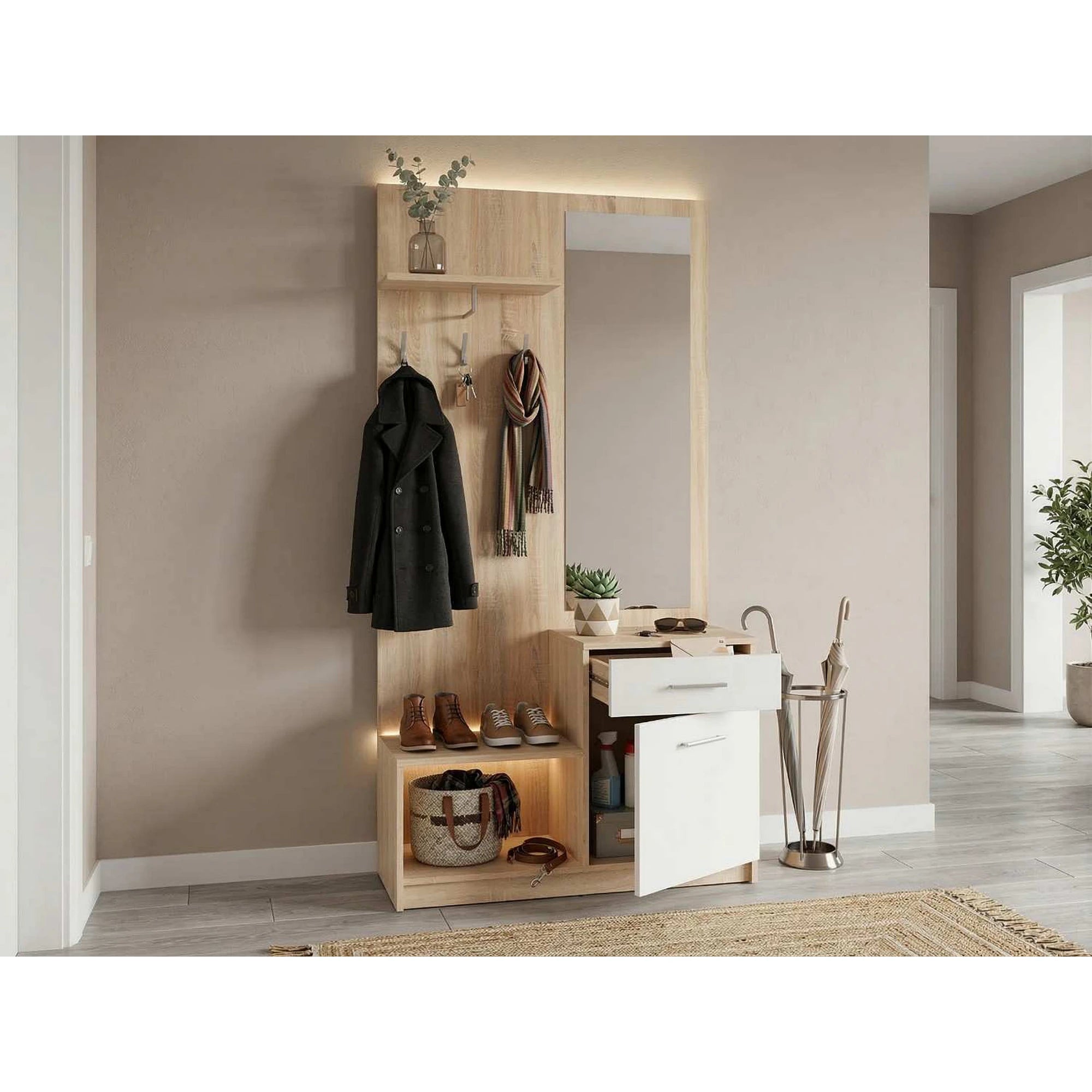 Mobilier hol NEPO PLUS, stejar sonoma/alb, PAL laminat, 90x31x186 cm