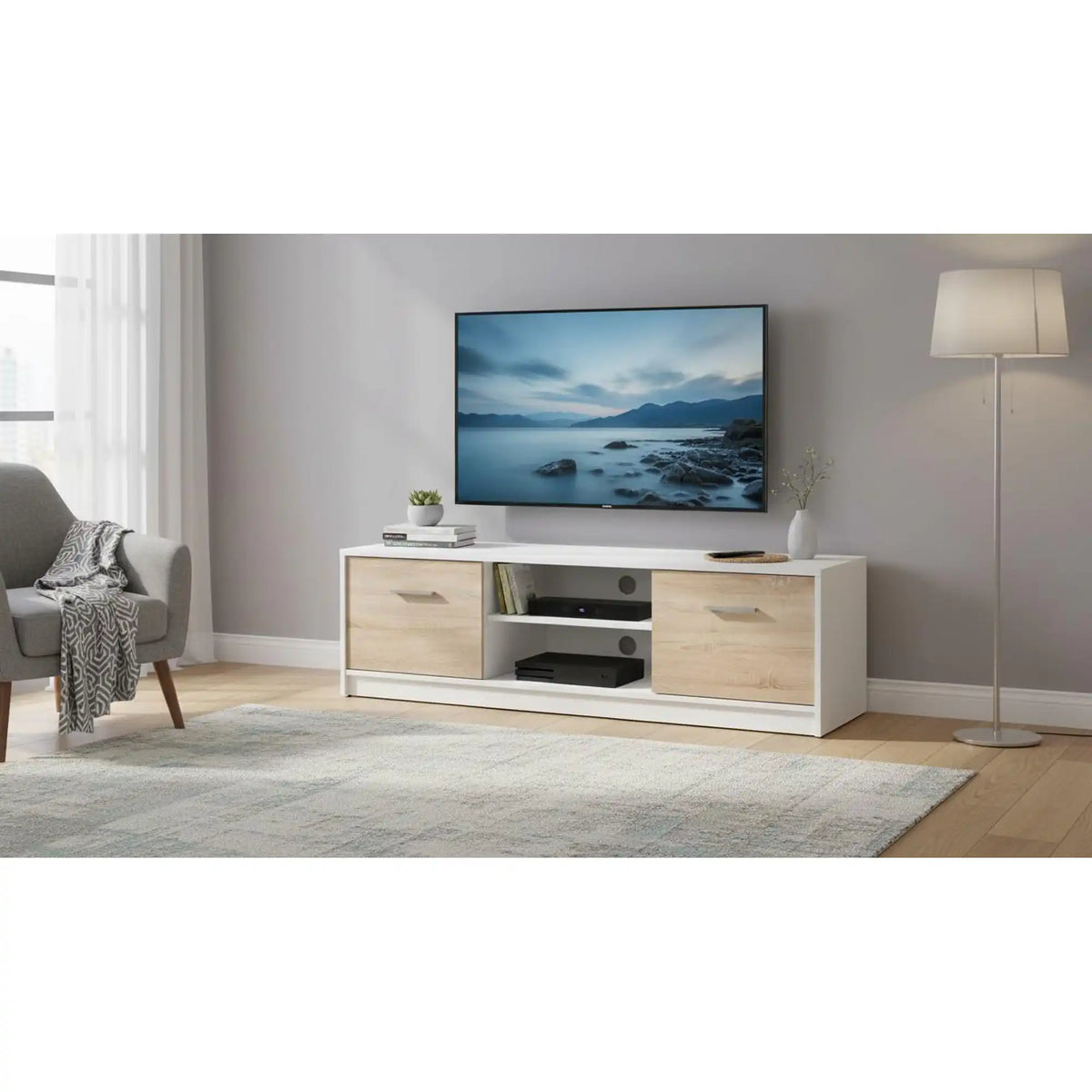 Comoda TV NEPO PLUS, alb/stejar sonama, PAL, 139x47x43 cm