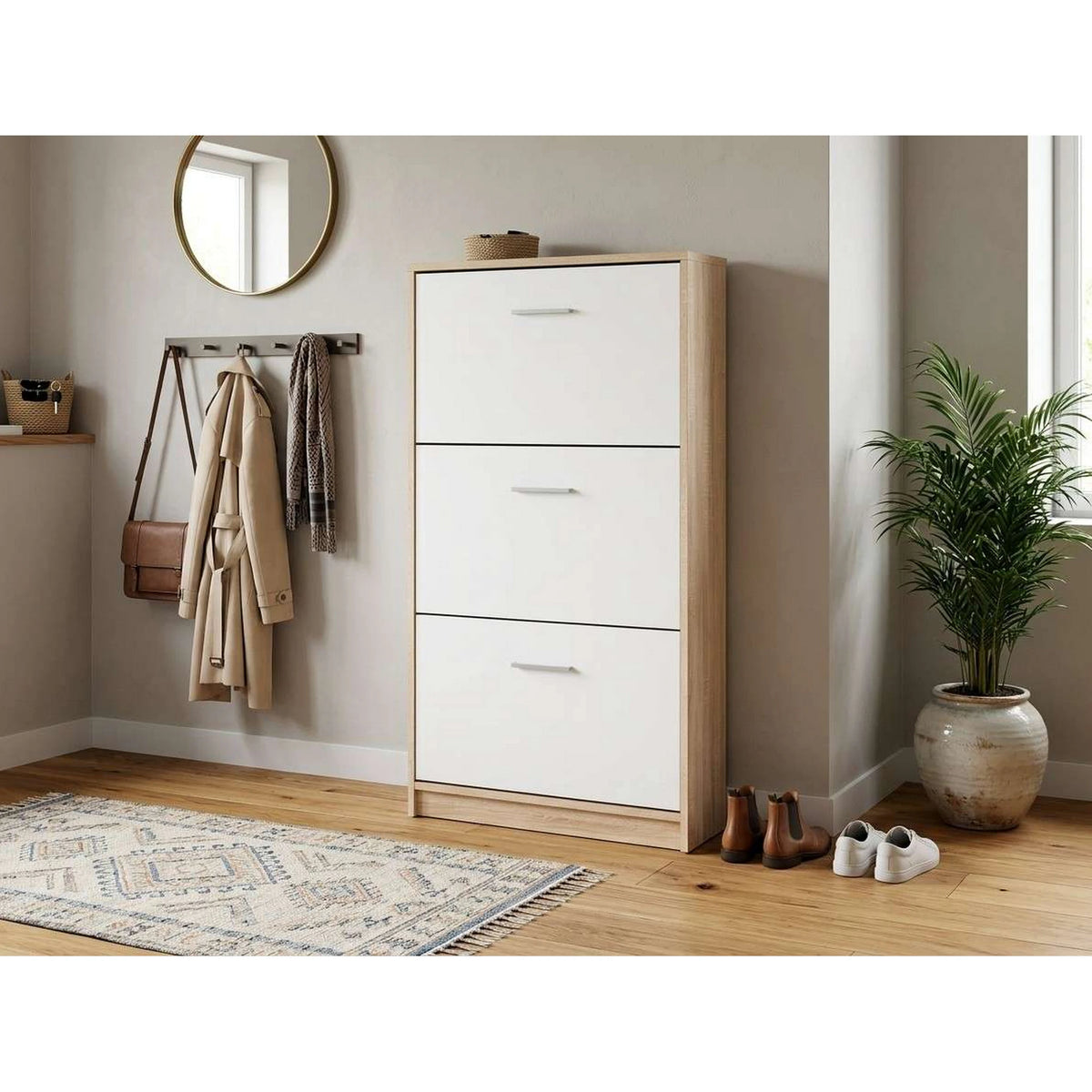 Pantofar NEPO PLUS, alb/stejar sonoma, PAL laminat, 70x18x121 cm