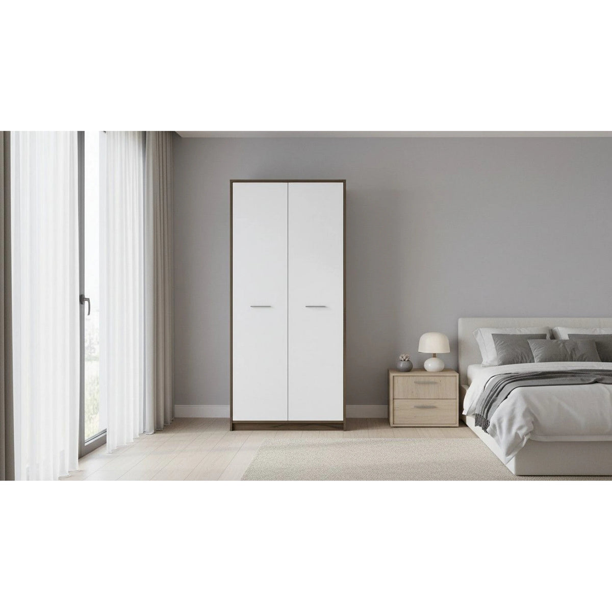Dulap NEPO PLUS, alb/stejar, PAL laminat, cu 2 usi, 80x55x197 cm