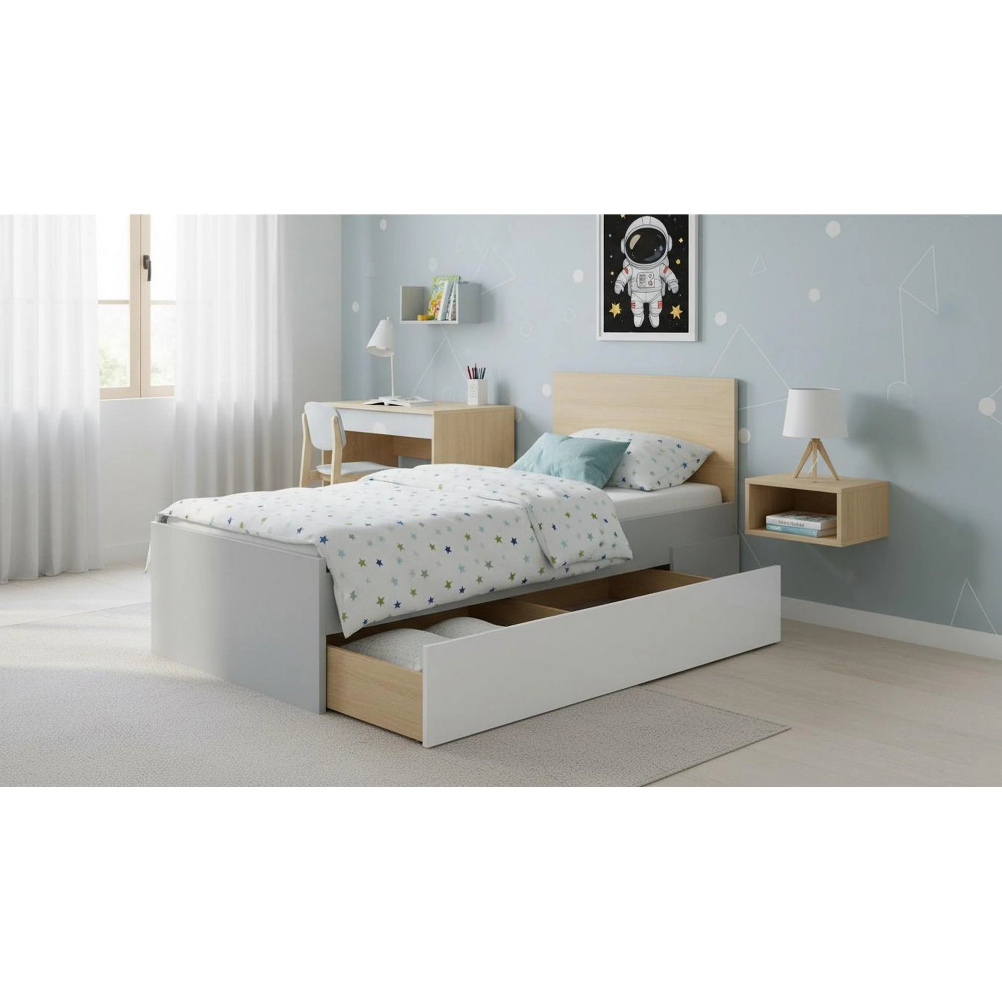 Cadru pat NANDU 90x200, stejar/gri deschis, PAL laminat