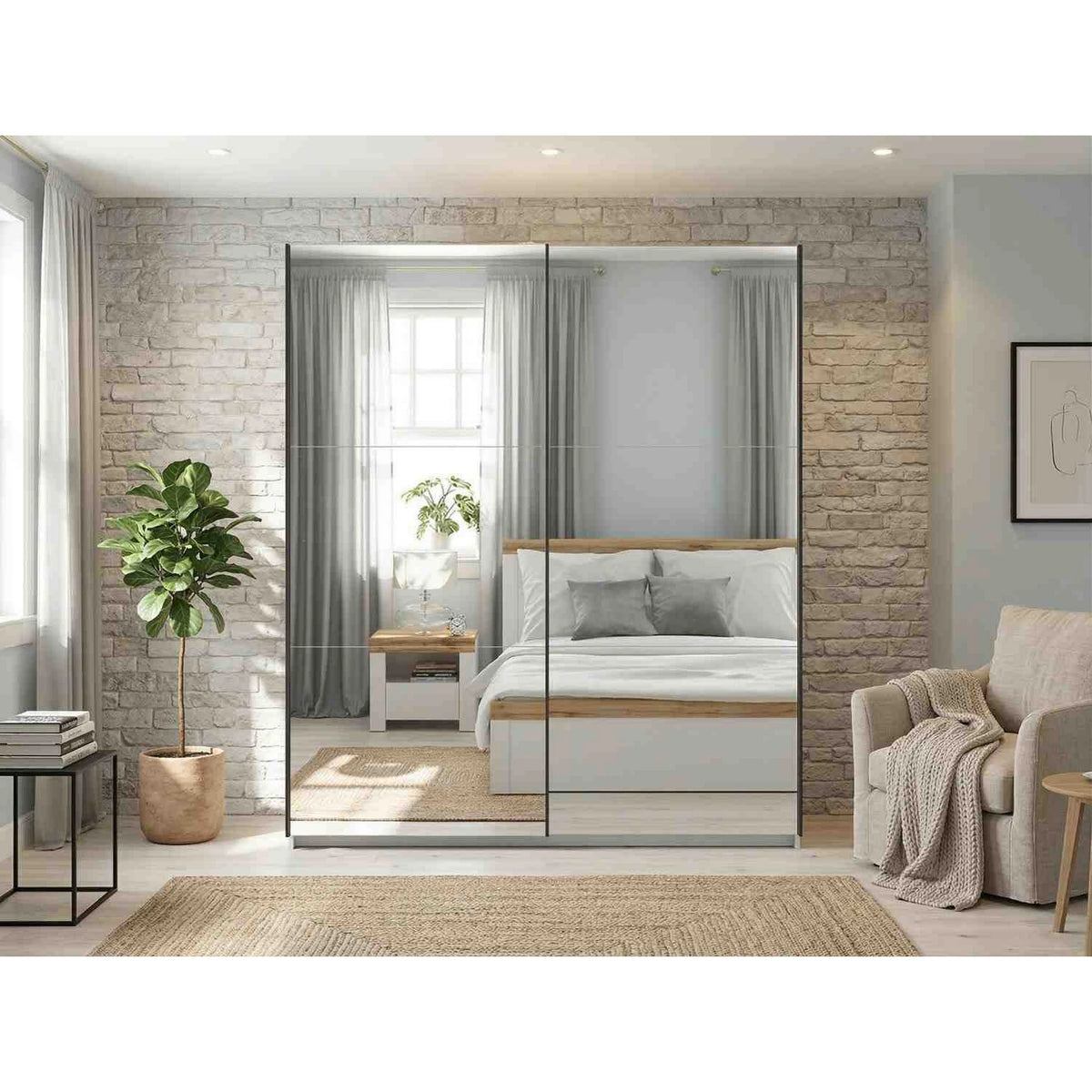 Dulap de haine cu usi culisante TETRIX, alb lucios, PAL, cu 2 usi si oglinzi, 154x60x196 cm