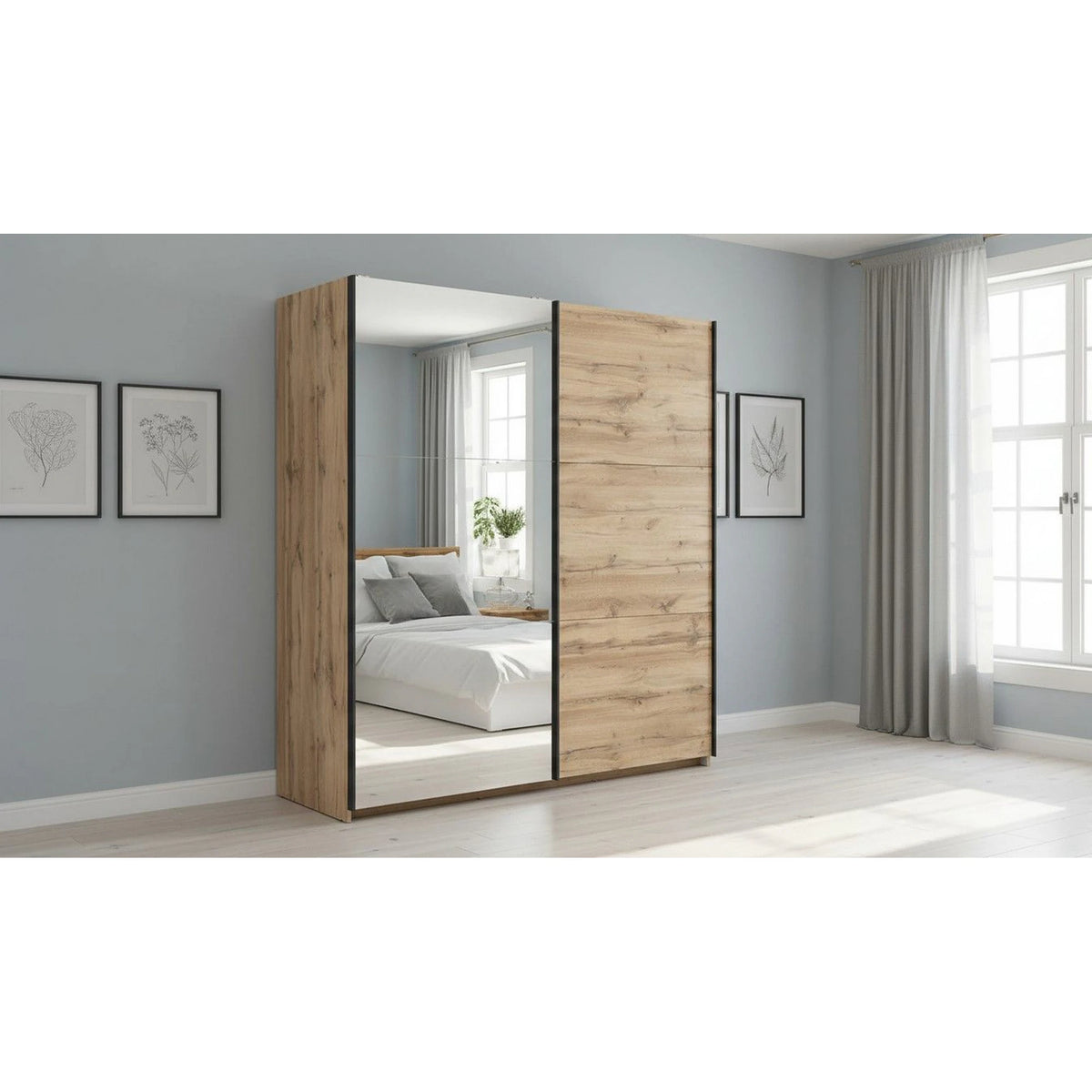 Dulap TETRIX, stejar wotan, PAL, cu 2 usi si oglinda, 183x60x196 cm