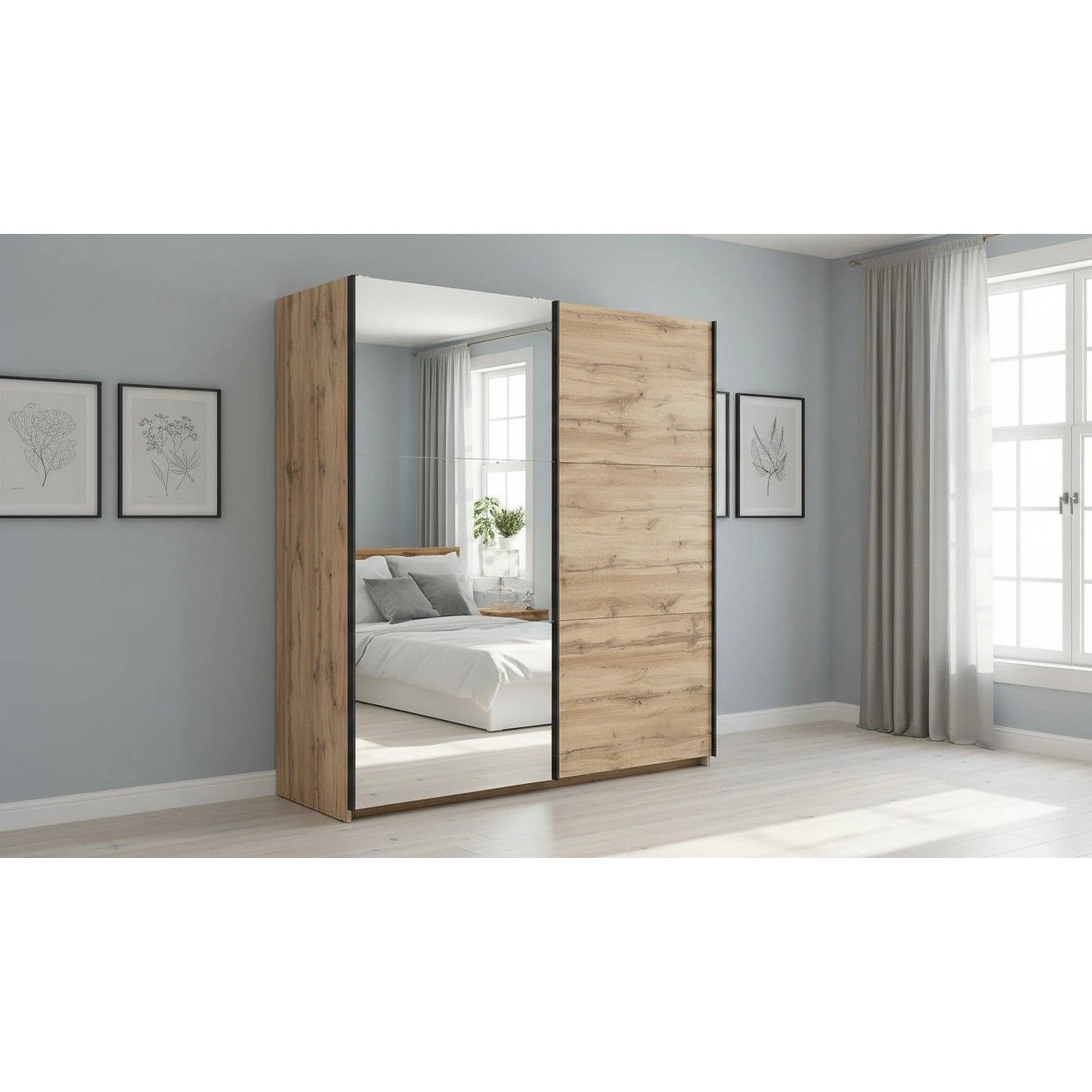 Dulap TETRIX, stejar wotan, PAL, cu 2 usi si oglinda, 183x60x196 cm