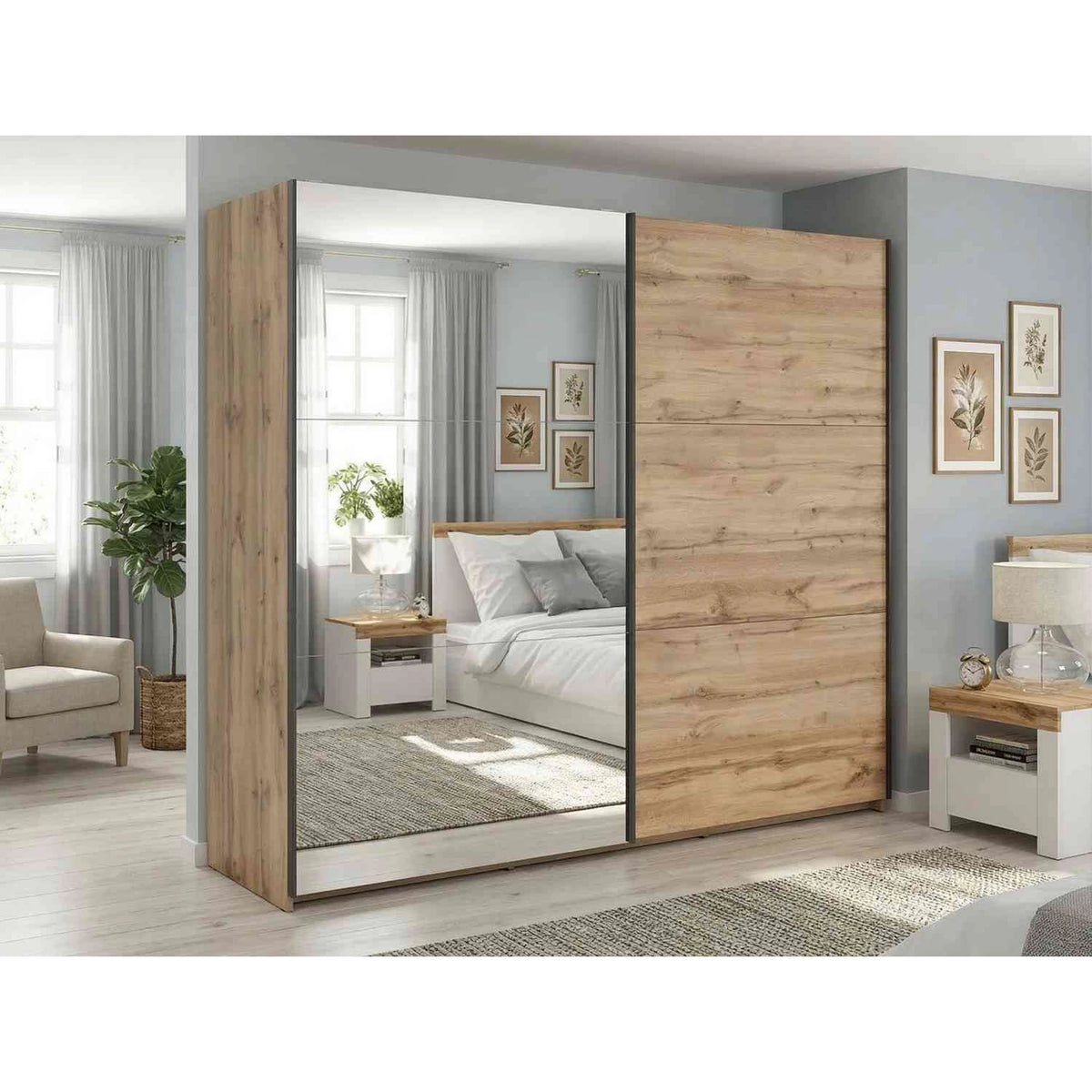 Dressing TETRIX, stejar wotan, PAL, cu 2 usi si oglinda, 220x60x196 cm