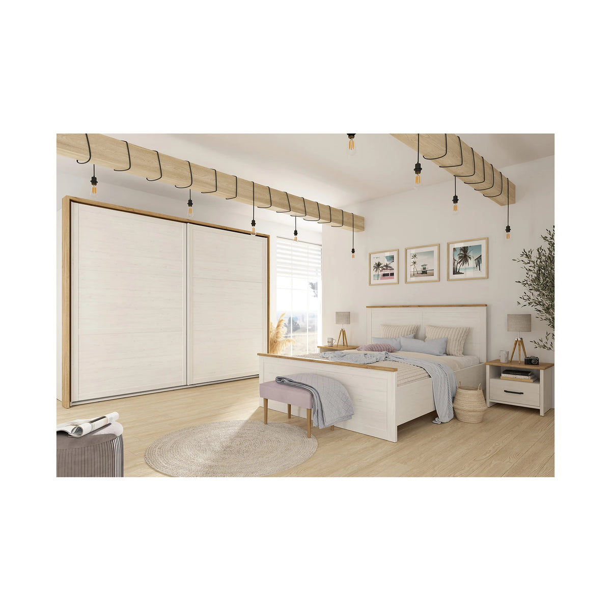 Set dormitor LOKSA 2, pin alb/stejar grandson, pat 180x200, dulap cu 2 usi si 2 noptiere