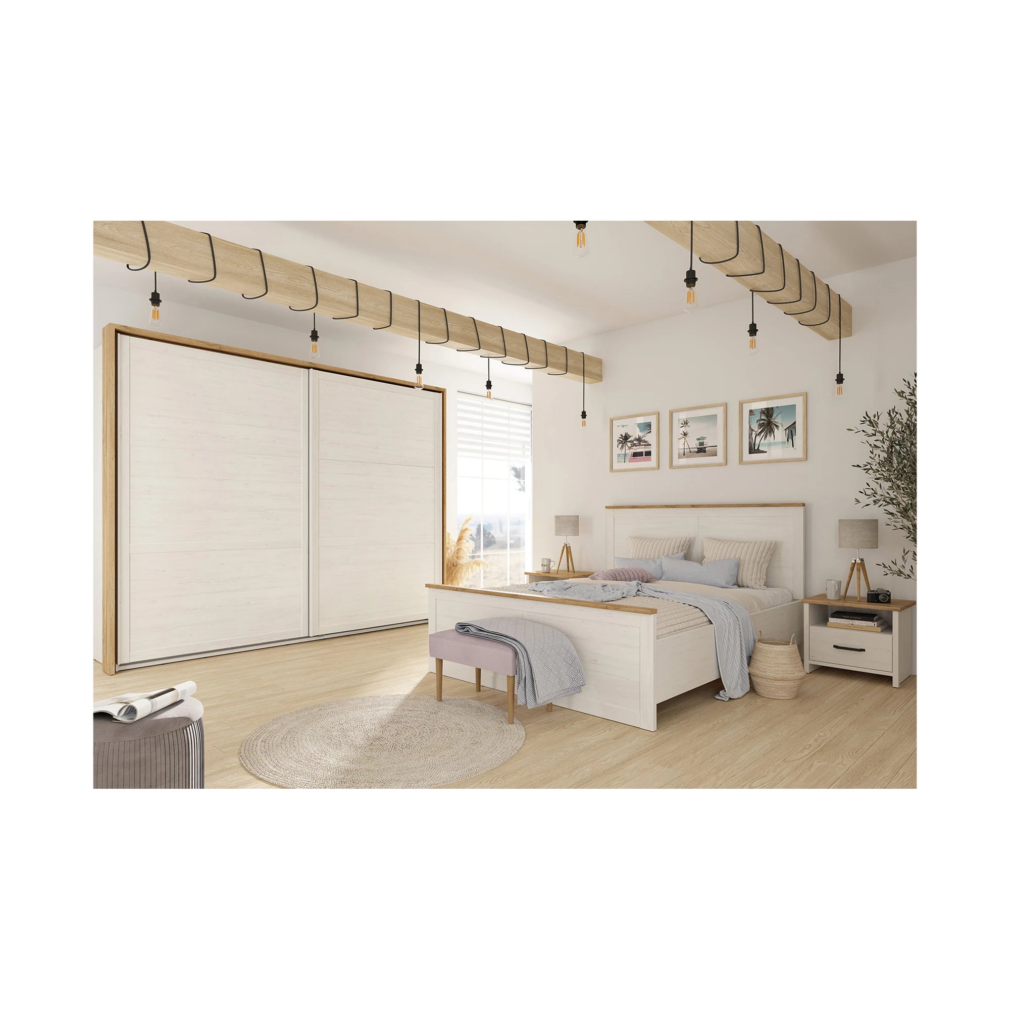 Set dormitor LOKSA 2, pin alb/stejar grandson, pat 180x200, dulap cu 2 usi si 2 noptiere